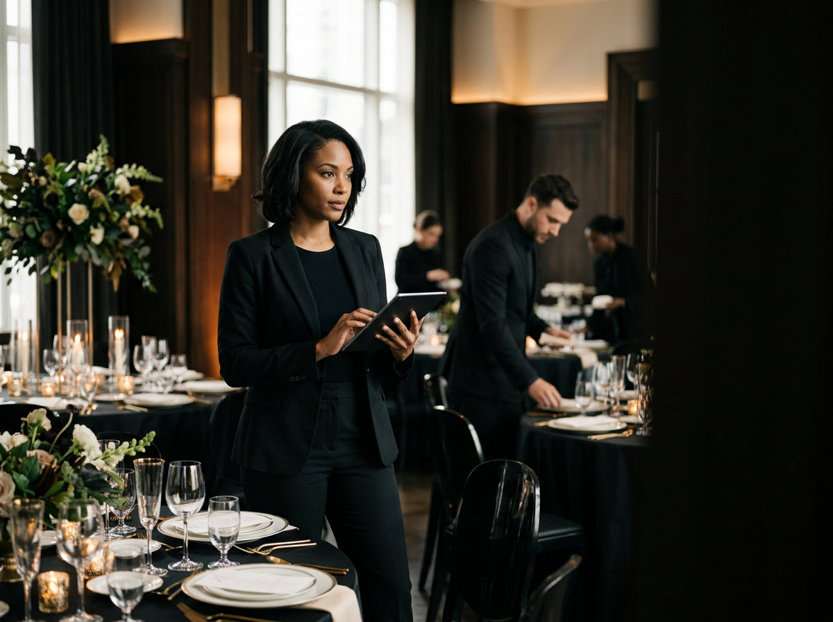 A woman in a black suit holding a tablet standing in a decorated dining room with men preparing tables.