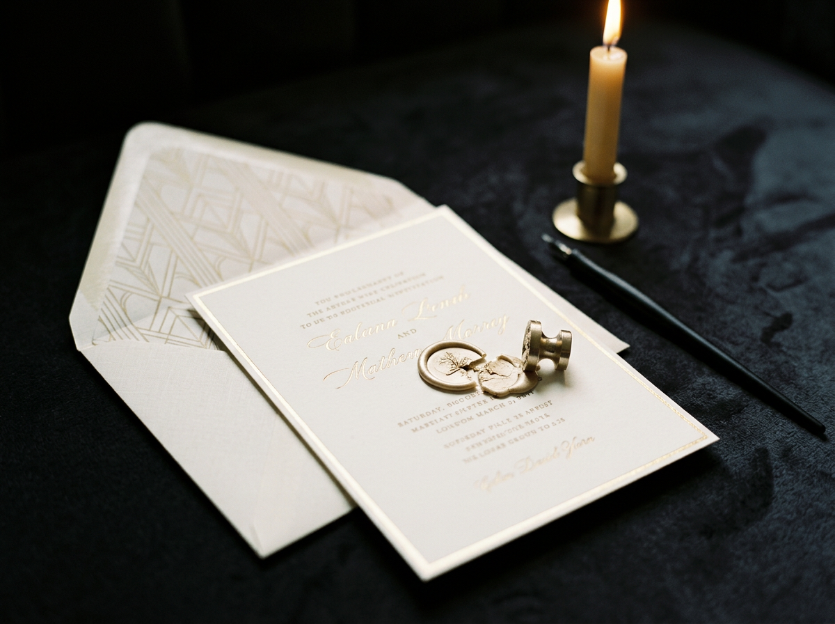 Wedding invitation with rings on top, open envelope, candle, and black pen on dark table.
