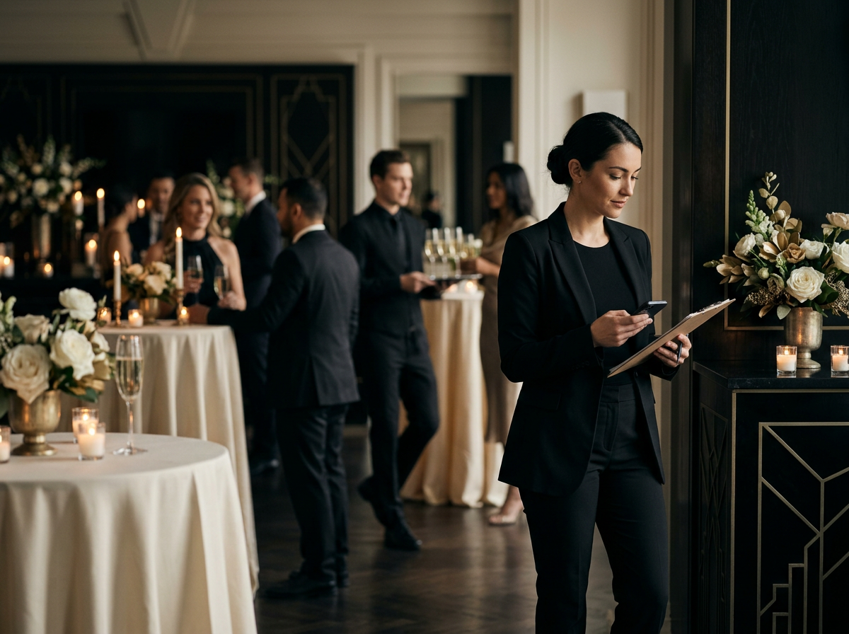 A woman in a black suit standing by a dark wall with floral arrangements, reading a tablet at a formal event with other guests in the background.