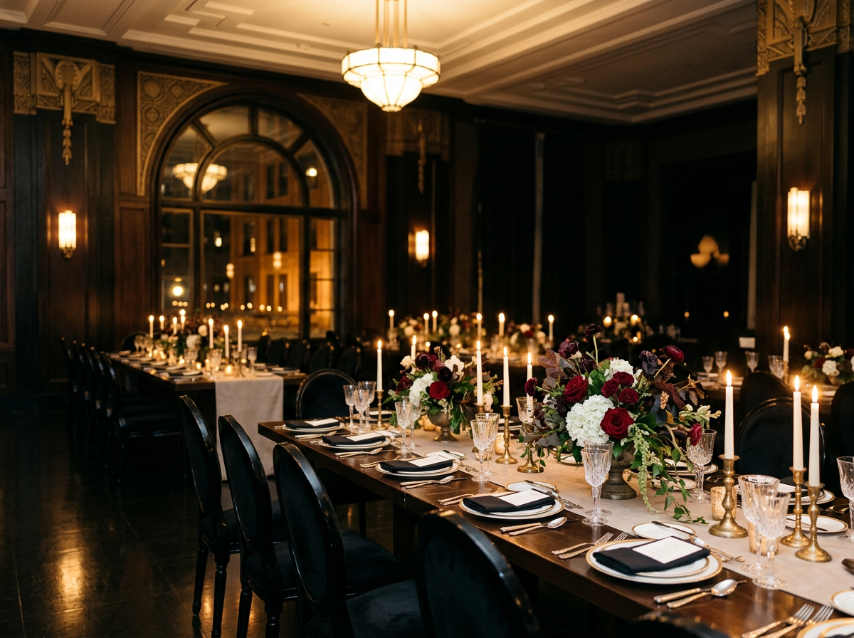 Elegant dining setup with a long table, floral centerpieces, lit candles, glassware, and black chairs in a ornate, dimly lit room.