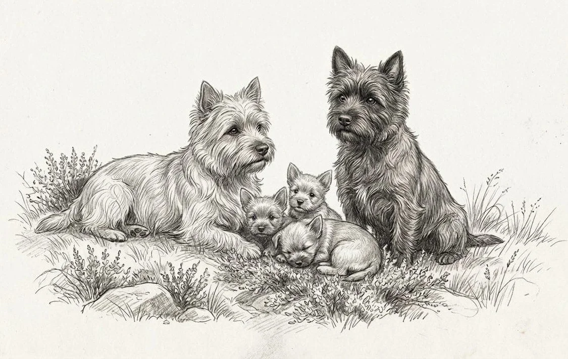 Pencil sketch of a cairn Terrier family