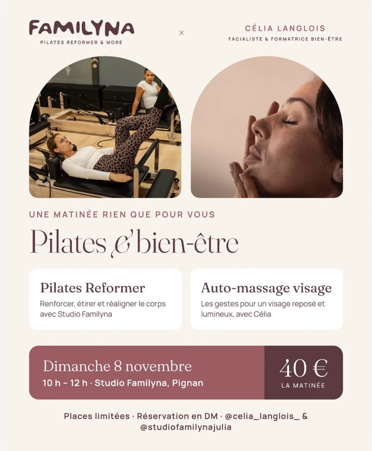 On vous pr&eacute;pare une super matin&eacute;e avec Julia au studio FAMILYNA &agrave; Pignan le dimanche 8 novembre &agrave; 10h . Un cours de reformer , un cours d&rsquo;auto massage et des surprises 🌞Les inscriptions sont ouvertes et il reste que