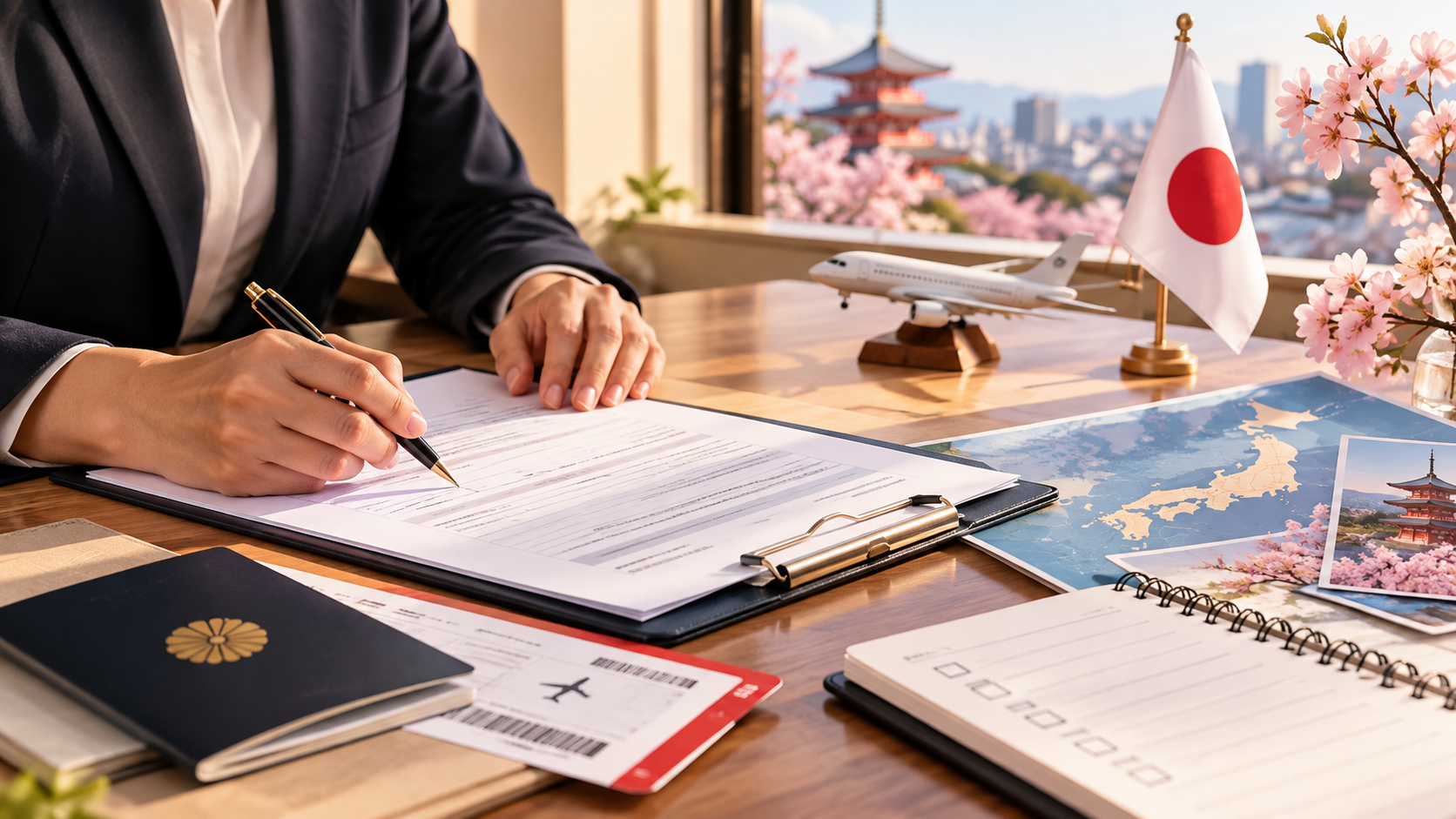 CareerPath Travel Agency Japan application and travel planning desk with documents, Japanese flag, airplane model, and cherry blossoms.