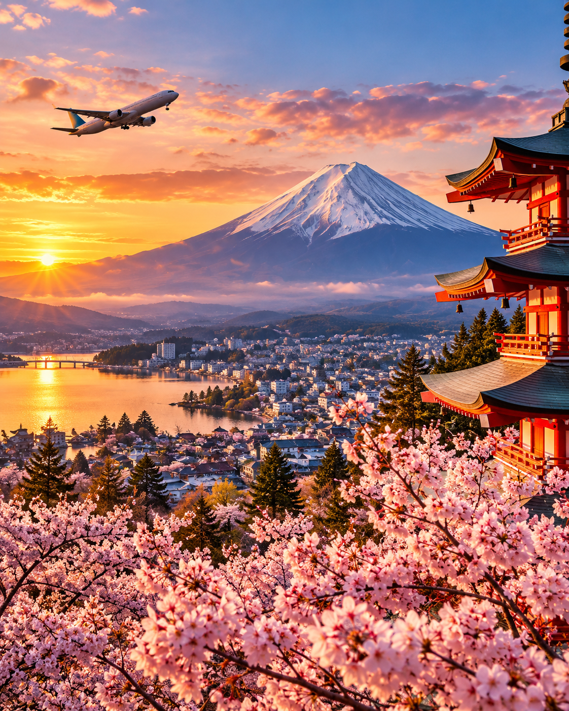 CareerPath Travel Agency Japan opportunities featuring Mount Fuji, cherry blossoms, Japanese pagoda, and international travel.