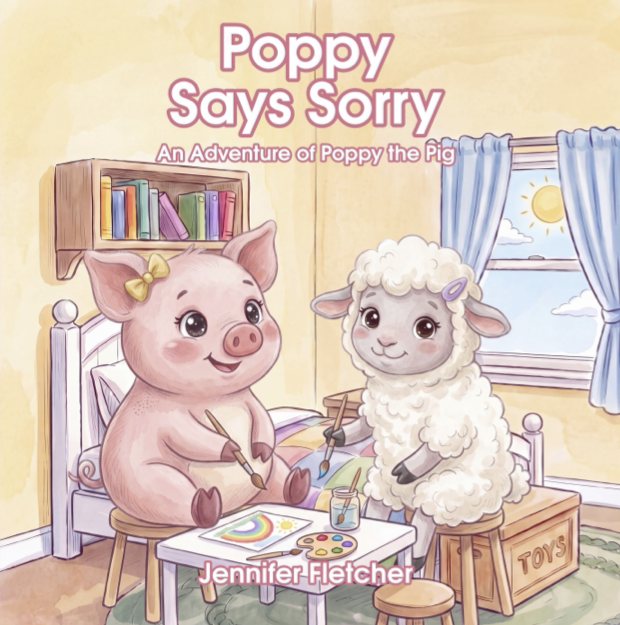 Book cover titled "Poppy Says Sorry" showing an illustrated pig and sheep in a cozy room with a window, bookcase, and art supplies.