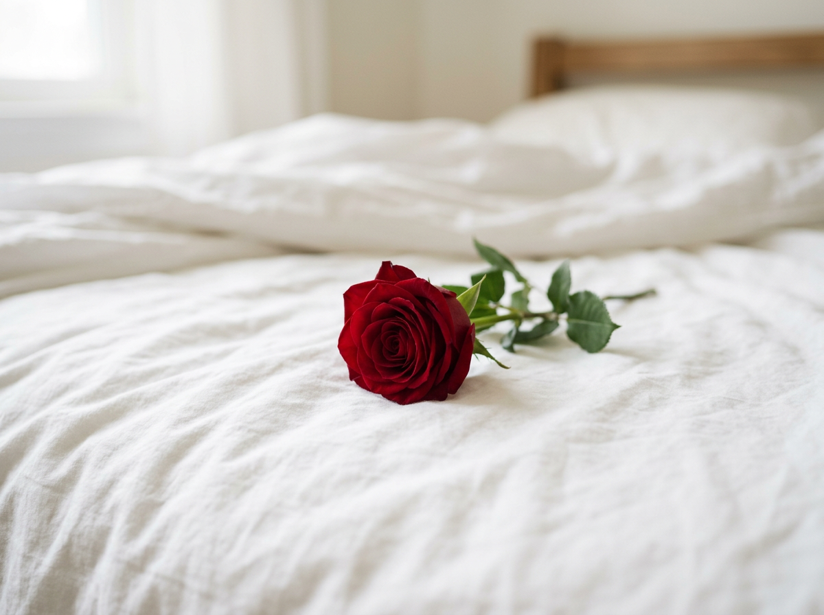 A single red rose with green leaves lies on a white bedsheet in a bedroom with a wooden headboard.