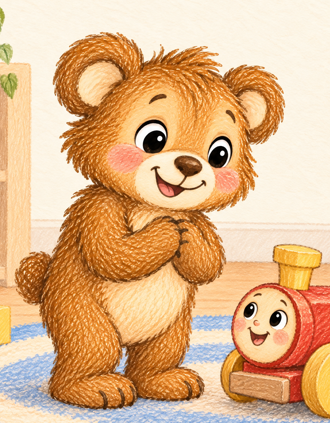 A cute cartoon bear with brown fur and pink cheeks standing on a blue and white rug, smiling with hands clasped. A small red toy train with a smiling face is nearby, and a green plant is in the background.
