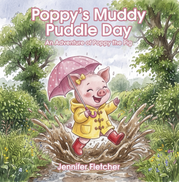 Illustration of Poppy the pig jumping in a muddy puddle while holding a pink umbrella. Poppy wears a yellow raincoat and red boots, with trees and bushes in the background. The image is a book cover titled "Poppy's Muddy Puddle Day," by Jennifer Fletcher.