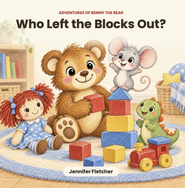 Cover of a children's book titled "Who Left the Blocks Out?" from the "Adventures of Benny the Bear" series, featuring a plush teddy bear, a girl doll with red hair, a toy mouse, a toy dinosaur, and colourful wooden blocks in a cozy playroom setting.