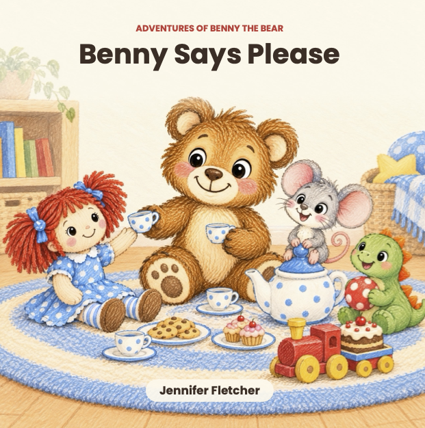 Book cover titled "Benny Says Please" from the "Adventures of Benny the Bear" series, featuring a teddy bear, a doll, a mouse, a dinosaur, and a toy train having tea and snacks in a cozy room.
