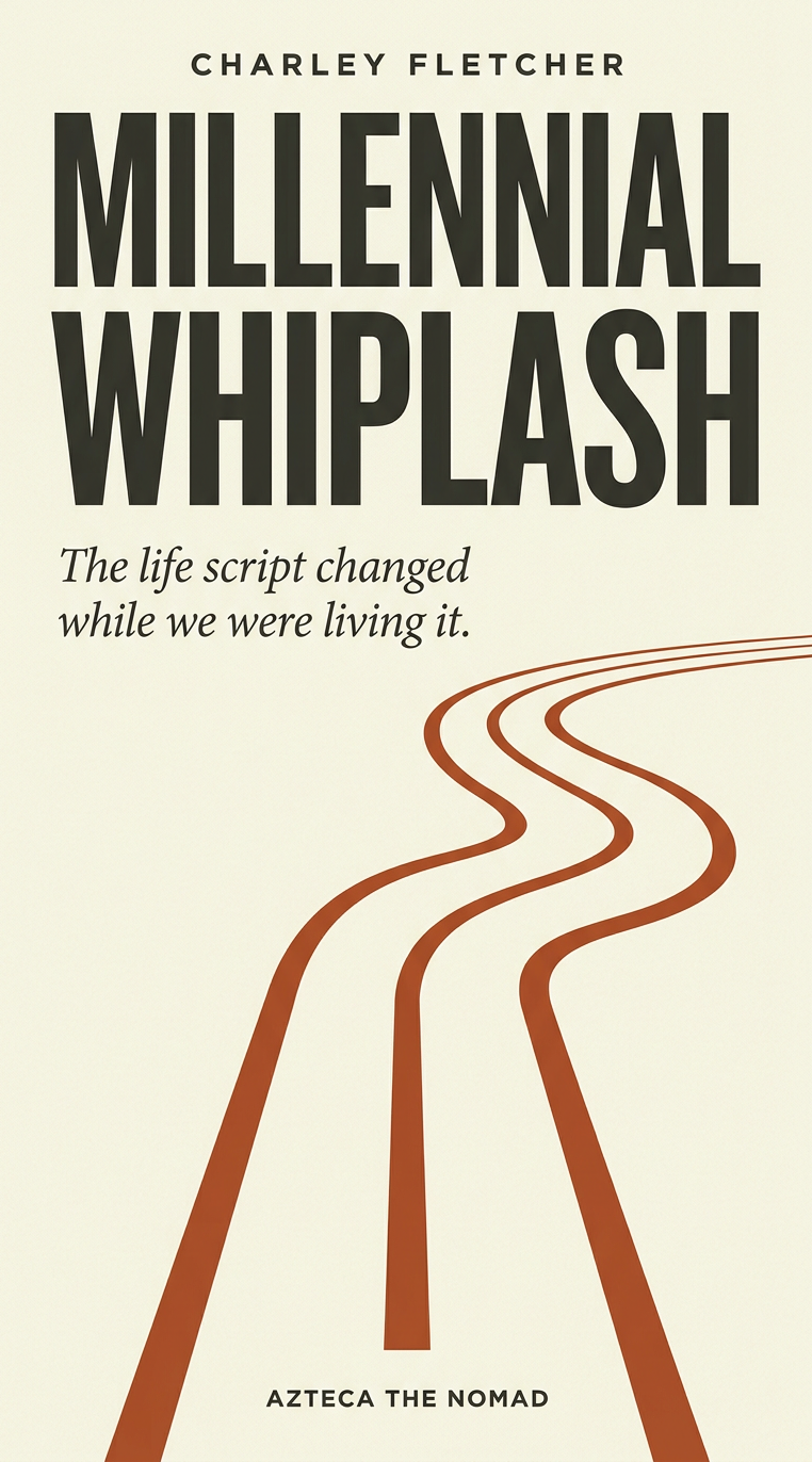 Book cover for 'Millennial Whiplash' by Charley Fletcher, titled 'The life script changed while we were living it.' Features three curving roads or paths in brown color on a light beige background. Publisher: Azteca the Nomad.
