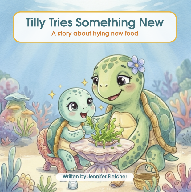 Animated cartoon turtles, Tilly and her mother, exploring new food in a colourful underwater coral reef setting.