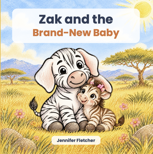 Cover of a children's book titled "Zak and the Brand-New Baby" featuring a cartoon zebra and a zebra-striped kitten sitting in a grassy field with trees, mountains, clouds, and a bright sun in the background.