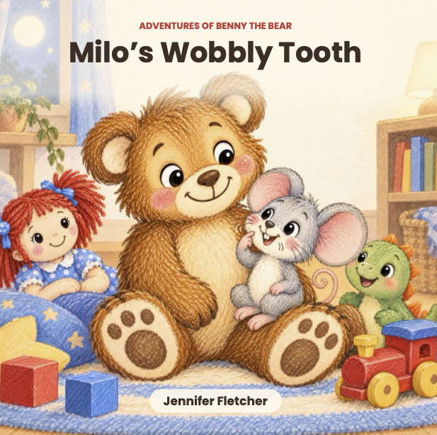Illustration of a children's book cover titled 'Milo's Wobbly Tooth' from the 'Adventures of Benny the Bear' series by Jennifer Fletcher. Shows a happy brown bear cub, an adult mouse, a girl doll with red hair, a green toy creature, and colorful blocks and a train set in a cozy room.