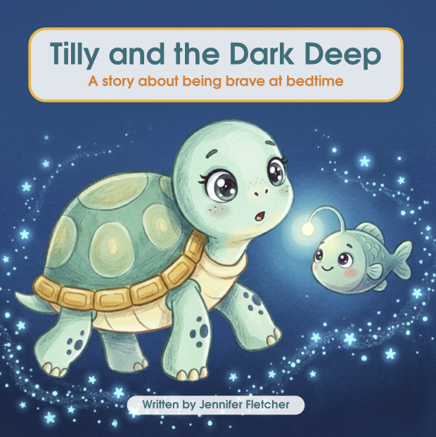 Book cover titled 'Tilly and the Dark Deep' featuring a cute turtle with a glowing fish in a dark, starry underwater scene.