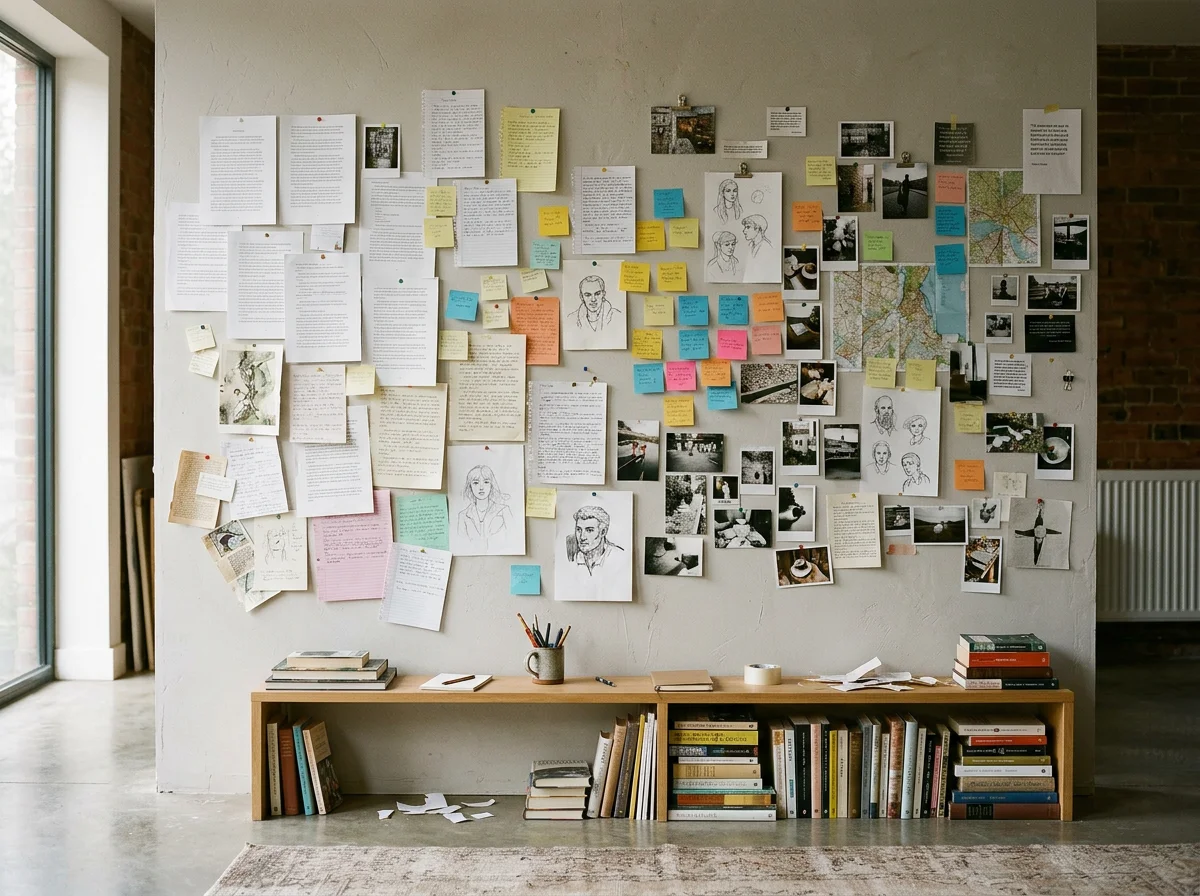 Photo of a wall with various papers, sketches, notes, and photos pinned or taped, along with a bookshelf at the bottom holding books, a notebook, and office supplies.
