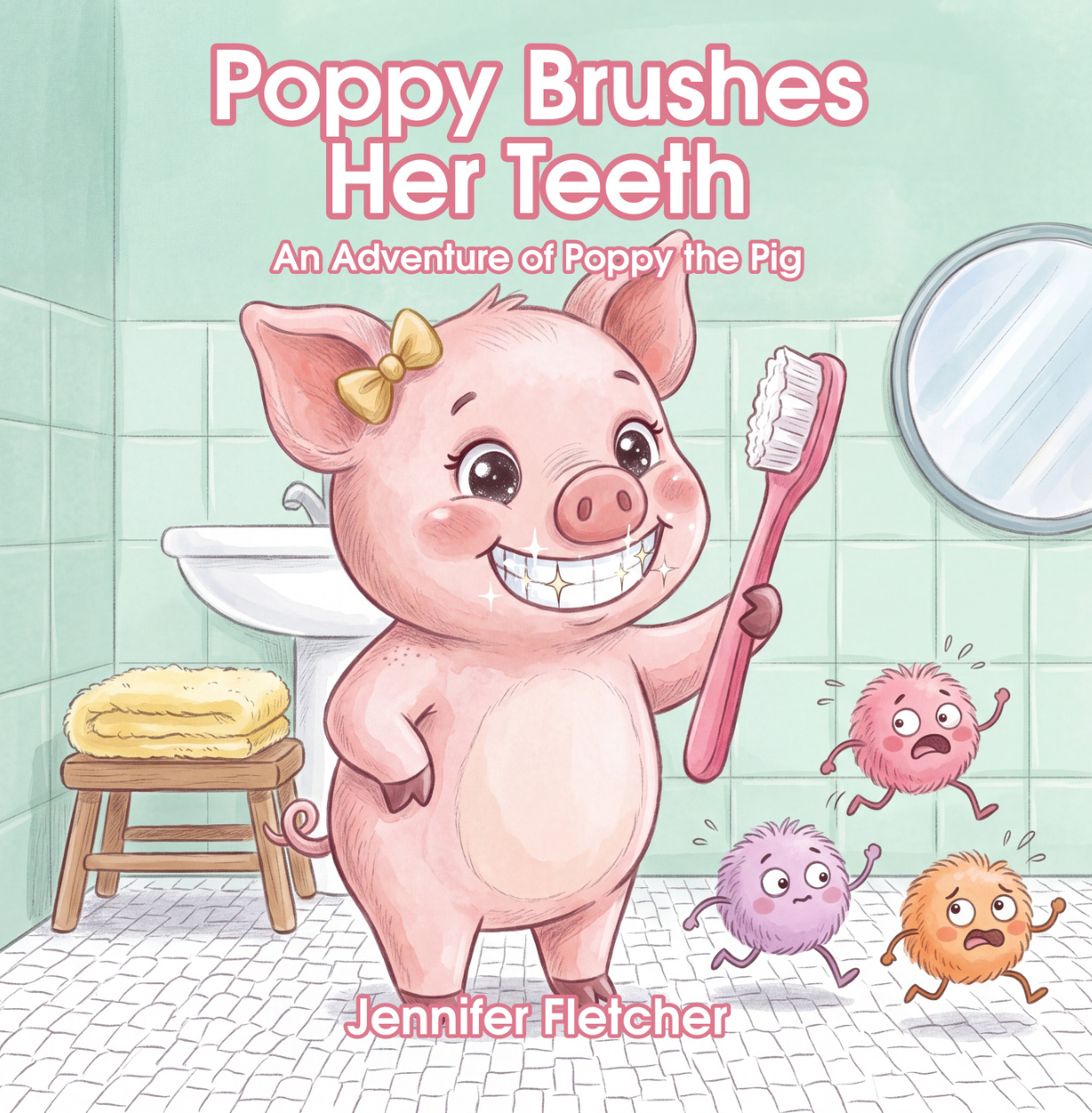 Children's book cover titled "Poppy Brushes Her Teeth: An Adventure of Poppy the Pig" by Jennifer Fletcher. The cover shows a happy, smiling pig girl holding a toothbrush in a bathroom, with colorful bacteria characters dancing in the background.