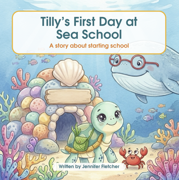 Illustration of an underwater scene with coral, seashells, and sea creatures. A sea turtle wearing a backpack is in front of a shell-shaped house, accompanied by a cheerful crab. A whale wearing glasses swims in the background. The scene is colorful and playful, themed around an underwater school setting.