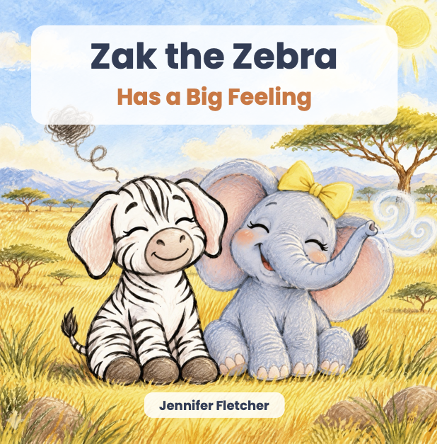 Illustration of a zebra and an elephant sitting together in a grassy savannah with trees, mountains, and a bright sun in the sky. The zebra looks happy, and the elephant has a big smile with a yellow bow on its head. Text reads 'Zak the Zebra Has a Big Feeling' and 'Jennifer Fletcher.'