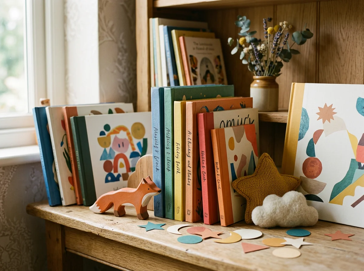 Colorful children's books arranged on a wooden shelf with decorative paper shapes, a small plush cloud, a knitted star, a wooden fox figurine, and a vase of dried flowers near a window.