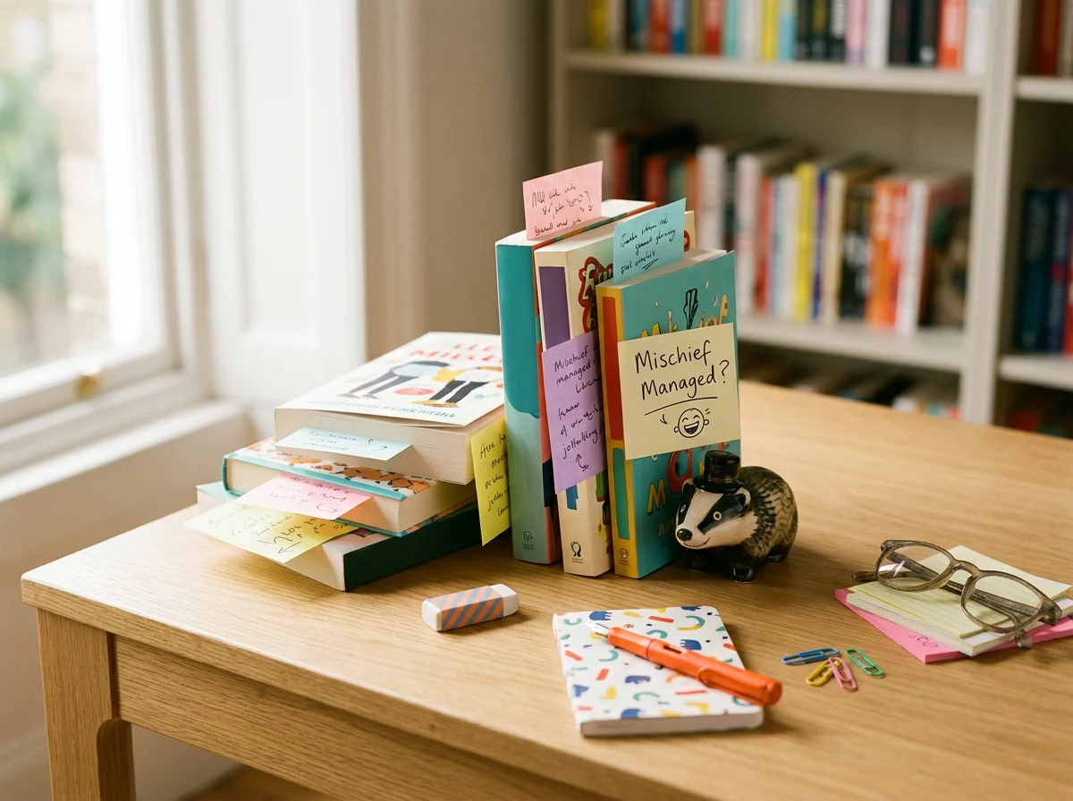 A wooden desk holds a stack of books with sticky notes, a small hedgehog figurine, reading glasses, a colorful notebook with an orange pen, a pencil eraser, and paper clips. A bookshelf filled with various books is in the background.