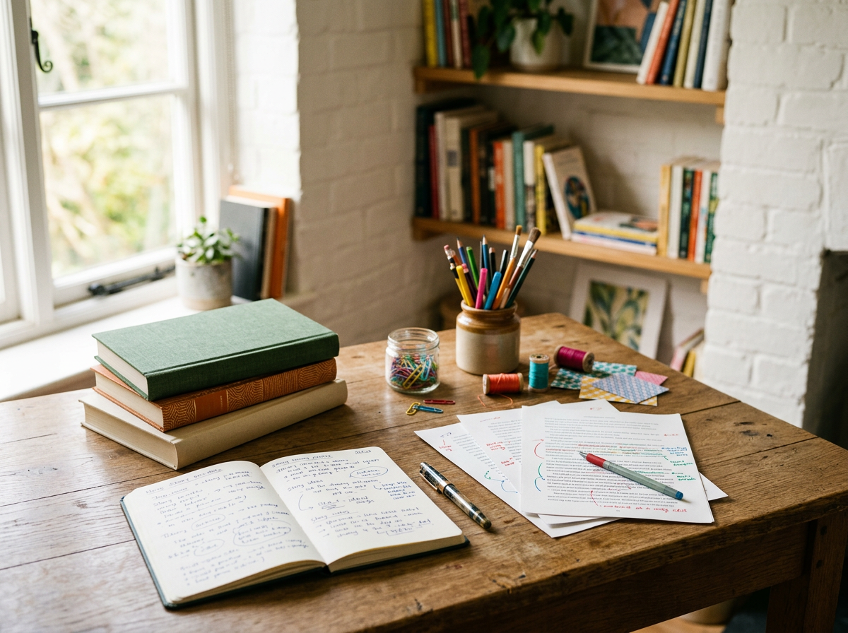 A wooden desk with books, papers, and writing supplies near a window, with a bookshelf on a white brick wall in the background.