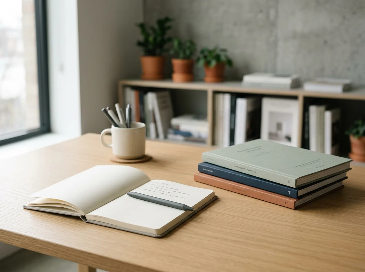 A neatly arranged wooden desk with an open journal and a gray pen, a stack of four closed books, and a white mug holding several pens. In the background, there is a bookshelf with books, potted plants, and a window letting in natural light.