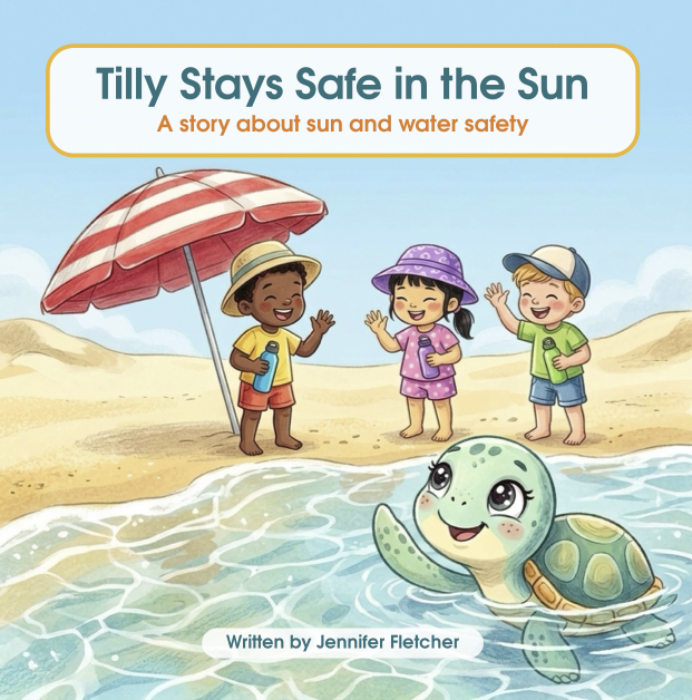 Children on the beach playing with a turtle, with a red and white striped umbrella and a clear blue sky.