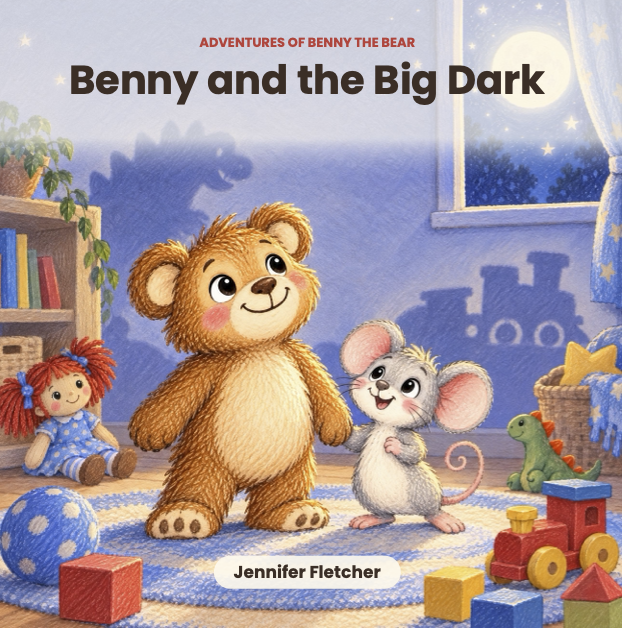 Book cover titled 'Benny and the Big Dark' from the Adventures of Benny the Bear series, featuring a teddy bear and a mouse in a child's bedroom with toys, a doll, and a window showing a moonlit night.