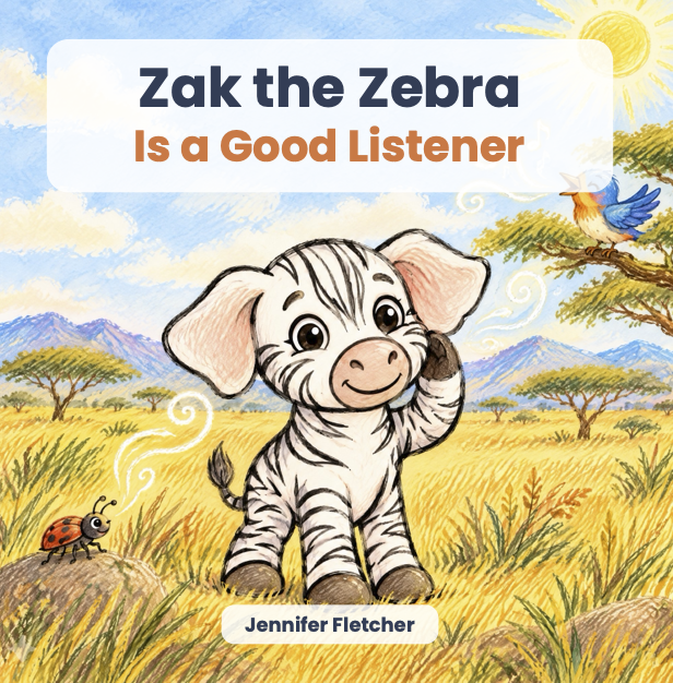 Children's book cover titled 'Zak the Zebra Is a Good Listener' featuring a cute zebra with big eyes, a smiling expression, and black and white striped fur, sitting in a savannah landscape with grasses, trees, a ladybug on a rock, and a colorful bird on a branch, with mountains and a bright sun in the background.