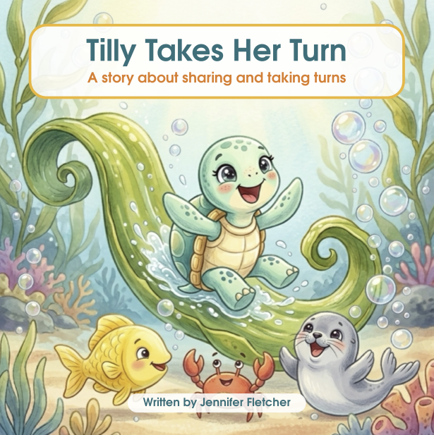 Cover of a children's book titled 'Tilly Takes Her Turn.' The cover features a happy turtle riding a wave underwater, surrounded by a fish, a crab, and a seal, with coral and seaweed in the background.