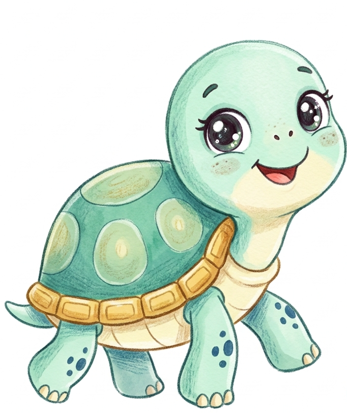 A cute cartoon baby turtle with big sparkling eyes, a happy expression, and a light green shell with yellow spots.