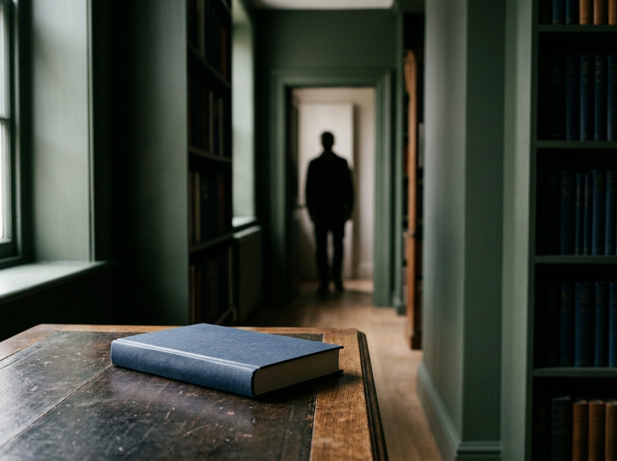 A blue book with a white stripe rests on a wooden table, with shelves of books and a darkened hallway in the background, where a blurred person is walking.