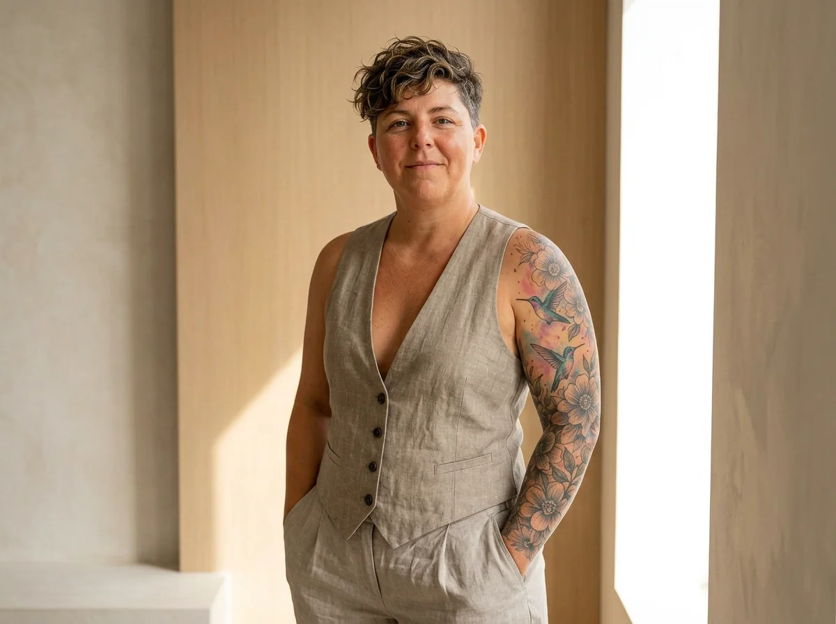 A person with short curly hair, wearing a beige sleeveless vest and matching pants, standing indoors with hands in pockets, smiling slightly, with a floral and hummingbird tattoo on the left arm.