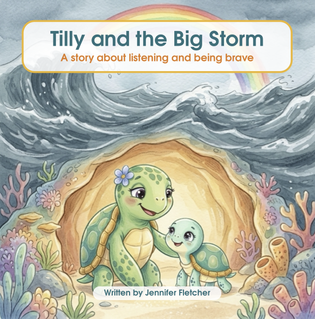 Cover of a children's book titled "Tilly and the Big Storm" featuring two smiling turtles inside a sandy cave, with a colourful rainbow, ocean waves, and coral reef surrounding them.