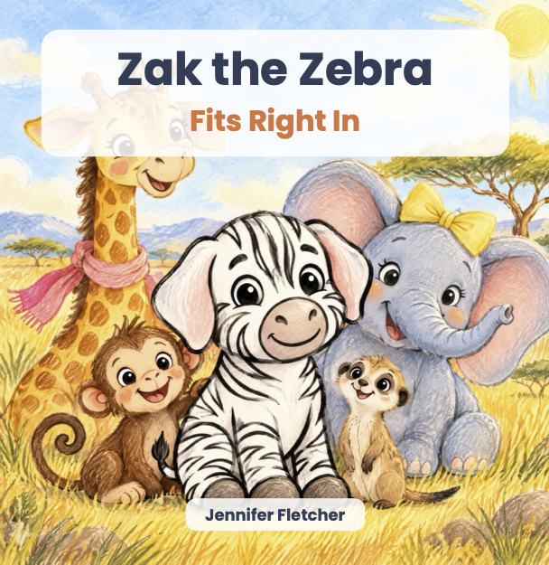 Children's book cover featuring animated animals including a giraffe, zebra, elephant, monkey, and meerkat in a savannah landscape with a bright sun, titled 'Zak the Zebra Fits Right In' by Jennifer Fletcher.