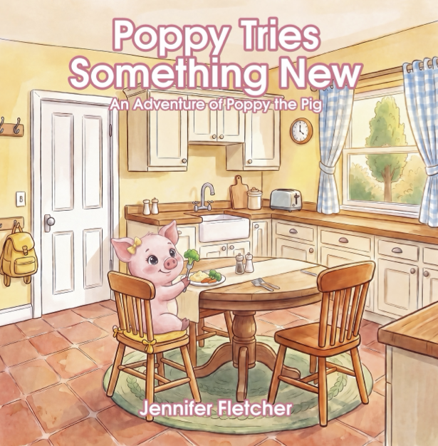 Cover of a children's book titled 'Poppy Tries Something New: An Adventure of Poppy the Pig' by Jennifer Fletcher. The illustration depicts a pig sitting at a kitchen table with a fork and broccoli, in a cozy kitchen with cabinets, a window with blue checkered curtains, and a tiled floor.