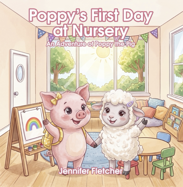 Cover of a children's book titled 'Poppy's First Day at Nursery' by Jennifer Fletcher, featuring a cartoon pig and sheep holding hands inside a colorful nursery room with large windows showing trees and sunshine outside, decorated with bunting.