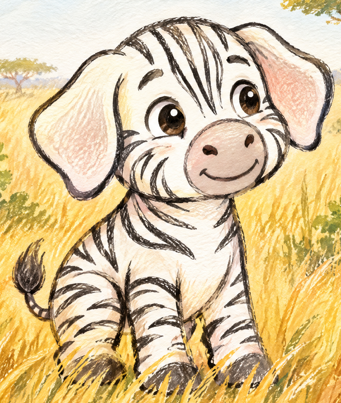 A cute illustrated piglet with tiger stripes sitting in a grassy field with trees in the background.