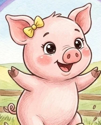 Cute cartoon pig with big eyes, a yellow bow on its head, and a wide smile, standing outdoors with grass and trees in the background.