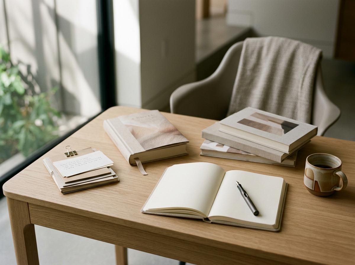 Wooden desk with open notebook, black pen, several stacked books, a coffee mug, and small notebooks with a paper clip, near a window with sunlight