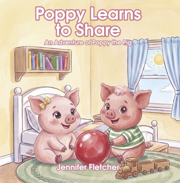 Cover of a children's book titled 'Poppy Learns to Share: An Adventure of Poppy the Pig' featuring two cute cartoon pig characters, Poppy and her friend, playing with a red ball in a cozy bedroom with a bed, bookshelf, window showing a sunny sky, and toy train on the floor.