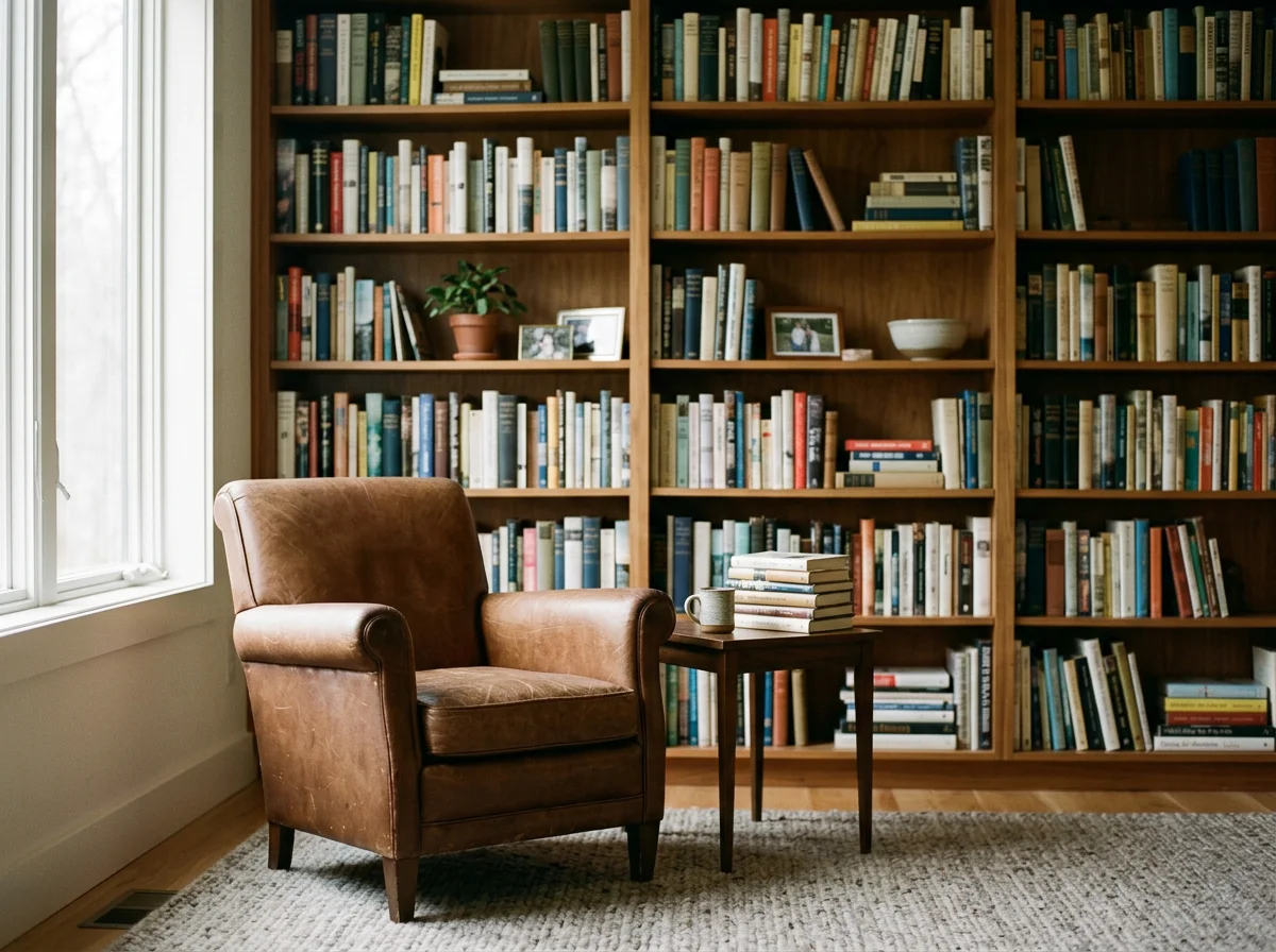 A cozy corner with a brown leather armchair, a small wooden side table with a stack of books and a mug, and a large wooden bookshelf filled with books, a small potted plant, framed photos, and a bowl. Natural light coming through a window on the left.