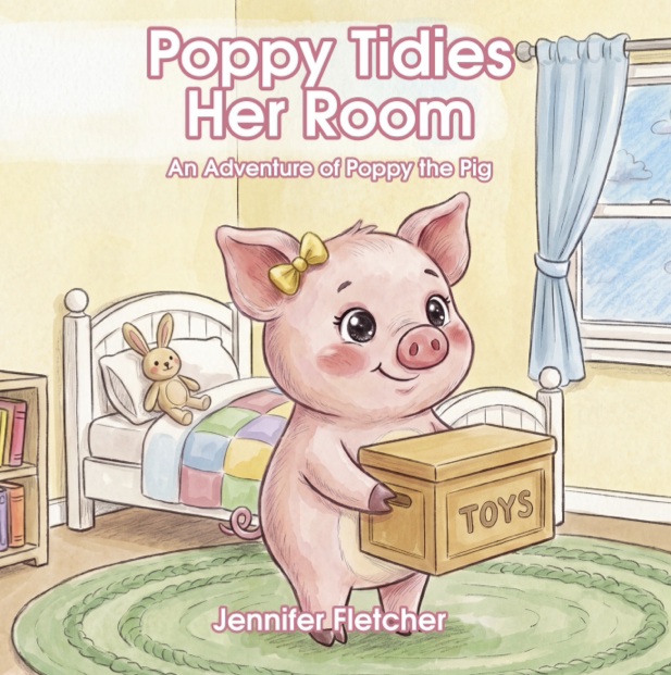 Cover of a children's book titled 'Poppy Tides Her Room: An Adventure of Poppy the Pig,' featuring a cute piglet with a yellow bow, holding a toy box labeled 'TOYS' in a colorful bedroom with a bed, stuffed bunny, bookshelf, and window with blue curtains.
