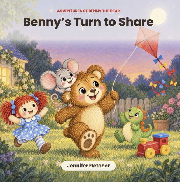 Illustration from a children's book titled 'Benny's Turn to Share' with Bennie the bear holding a kite, a girl with red hair in a blue dress running, a mouse riding on Bennie's shoulder, a green dinosaur, and a toy train in a backyard at sunset.