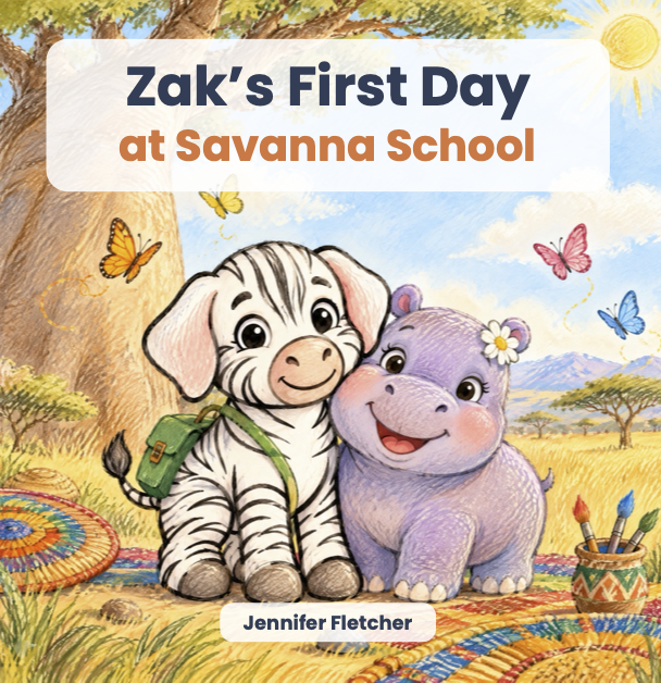 Book cover of 'Zak's First Day at Savanna School' by Jennifer Fletcher, featuring a cartoon zebra and hippopotamus sitting on a colourful blanket under a tree, with butterflies, mountains, and a sunny sky in the background.