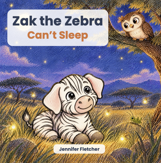 Children's book cover titled "Zak the Zebra Can't Sleep" featuring an animated zebra calf sitting on grass at night, a tree with an owl on a branch, a firefly, and a starry sky.