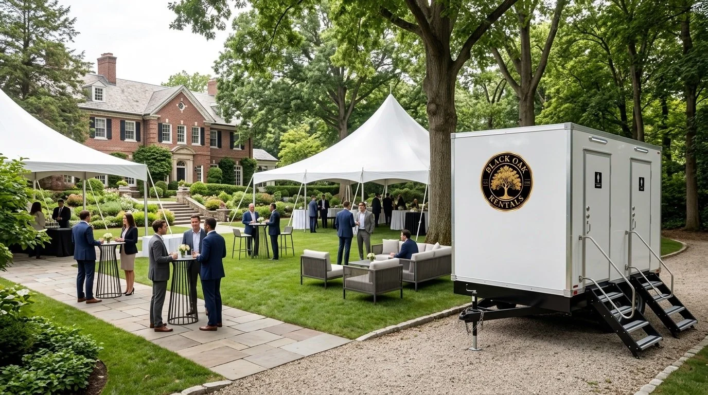 Luxury restroom trailer serving guests at a corporate event by Black Oak Rentals on Long Island