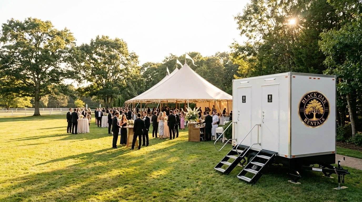 Luxury restroom trailer positioned beside a landscaped outdoor wedding venue.