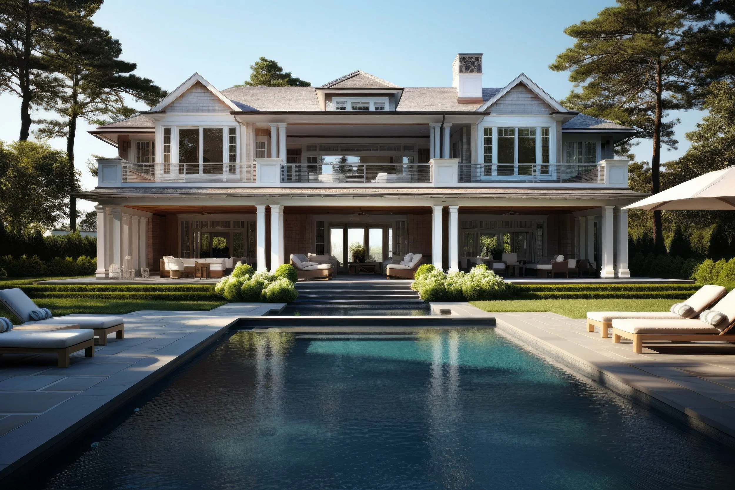 Elegant multi-story house with large windows, surrounded by tall trees, with a swimming pool and outdoor lounging area in the foreground.